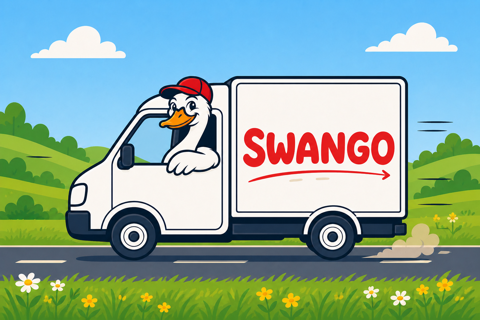 Мультяшный лебедь в красной кепке за рулём белой грузовой машины SWANGO